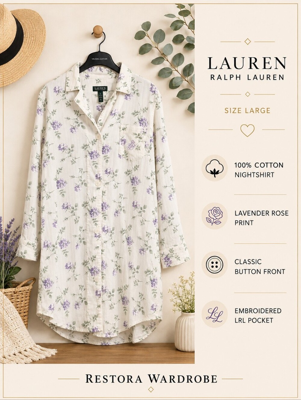 Lauren Ralph Lauren Nightshirt Ivory Lavender Floral Cotton Size L Cottagecore